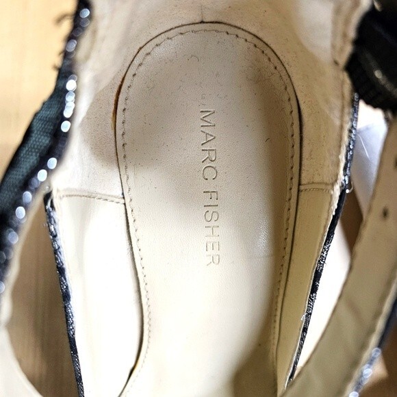 Marc Fisher Ion Silver & Black Metallic Brocade Ankle Strap Block Heel Pumps - Picture 9 of 11